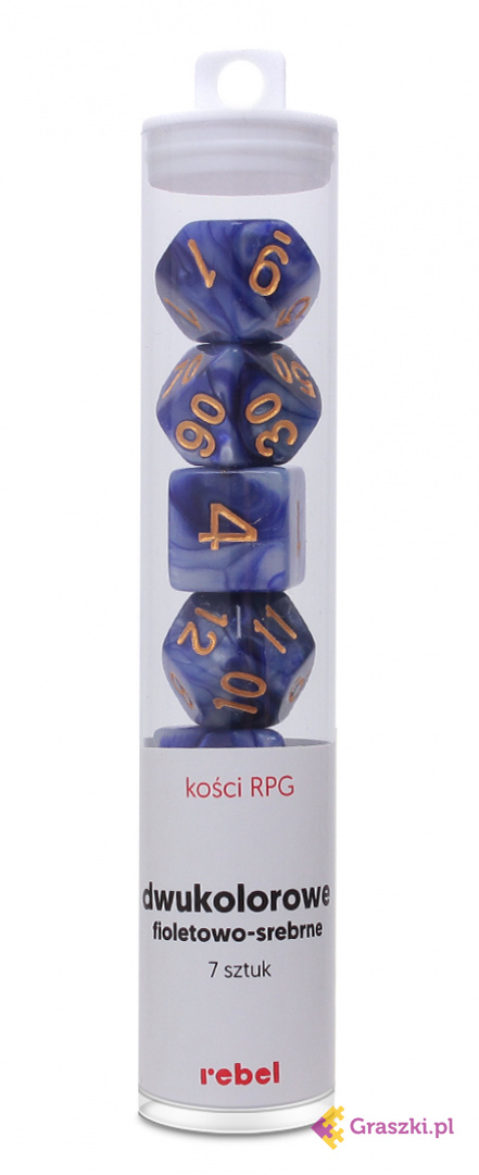 Komplet kości REBEL RPG - Dwukolorowe - Fioletowo-srebrne w tubie Komplet kości REBEL RPG - Dwukolorowe - Fioletowo-srebrne w tubie