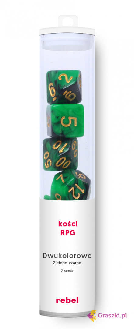 Komplet kości REBEL RPG - Dwukolorowe - Zielono-czarne pakowanie Komplet kości REBEL RPG - Dwukolorowe - Zielono-czarne pakowanie