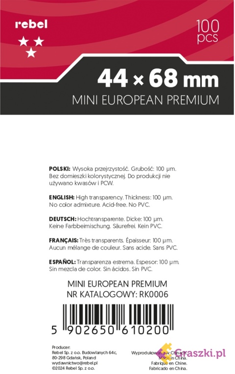 Koszulki na karty Rebel (44x68 mm) Ara Premium tył Koszulki na karty Rebel (44x68 mm) Ara Premium tył
