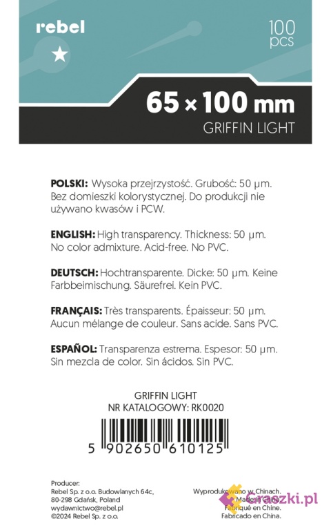 Koszulki na karty Rebel (65x100 mm) Lupus Light tył Koszulki na karty Rebel (65x100 mm) Lupus Light tył
